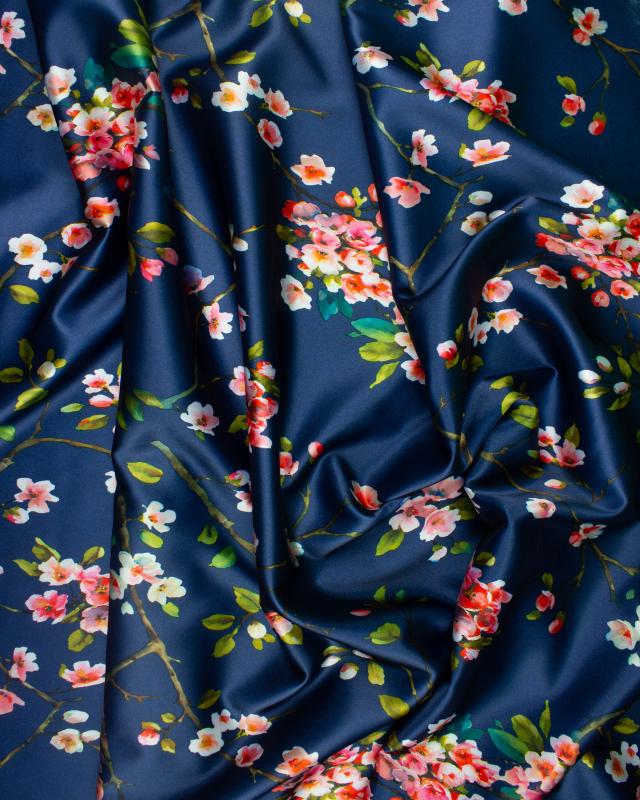 Satin with flowers print on backgroud Navy Blue - Tissushop